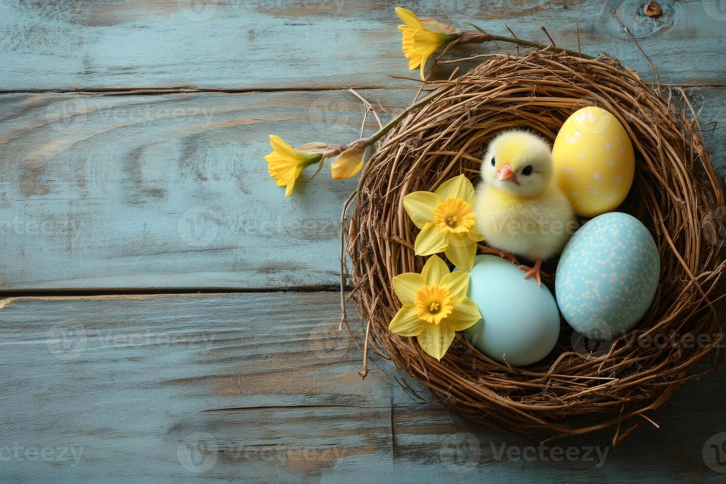 Adorable Chick Nestled Among Easter Eggs and Daffodils photo