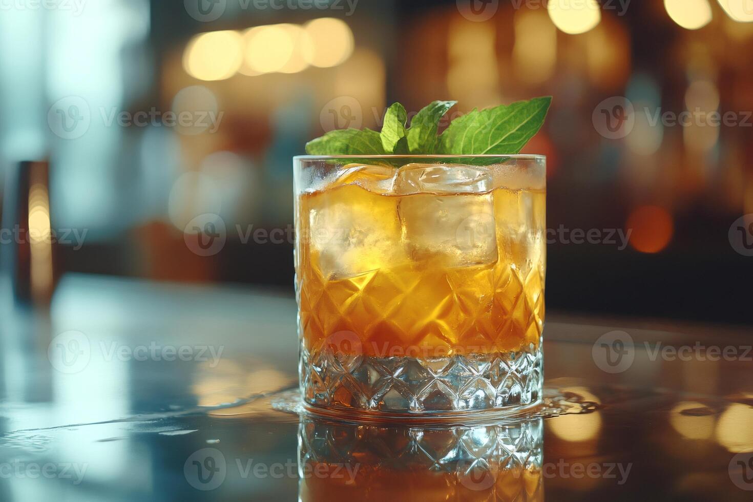 Whiskey cocktail with ice and mint leaves resting on bar photo