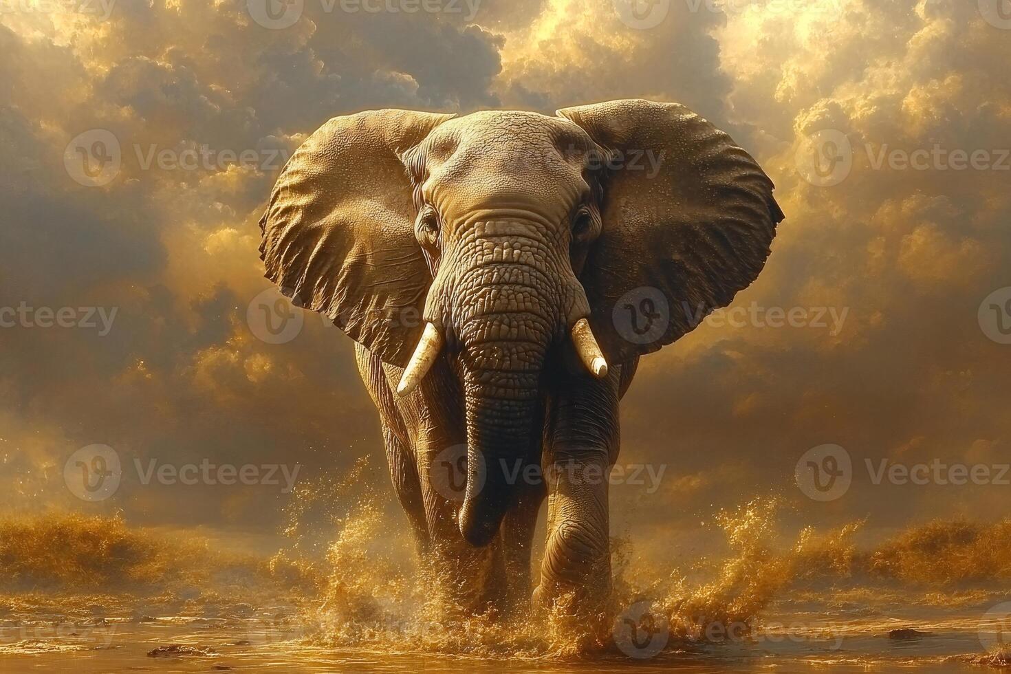 Majestic elephant charging through water under dramatic sky photo