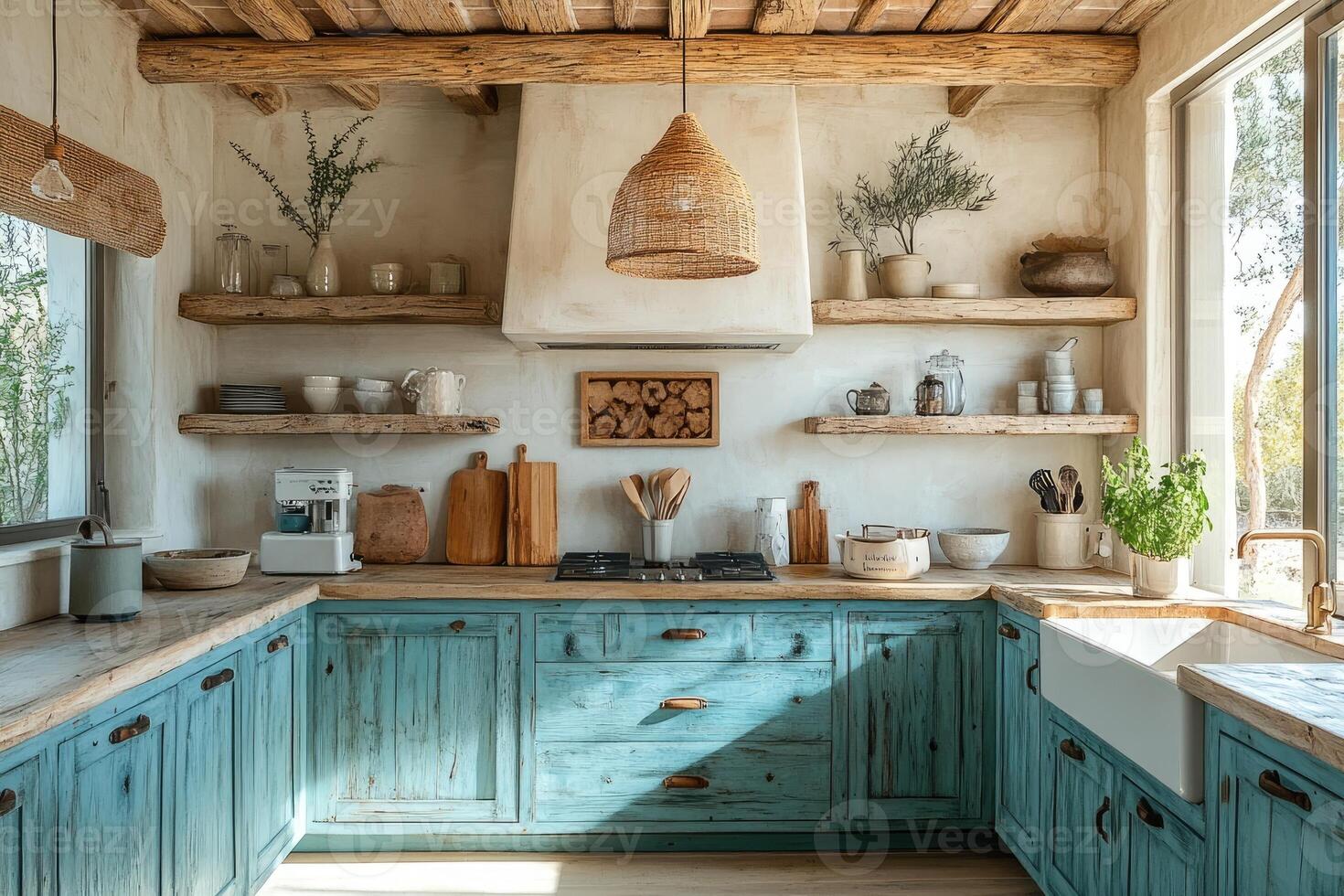 Cozy rustic kitchen showing wooden shelves and pastel blue cabinets photo