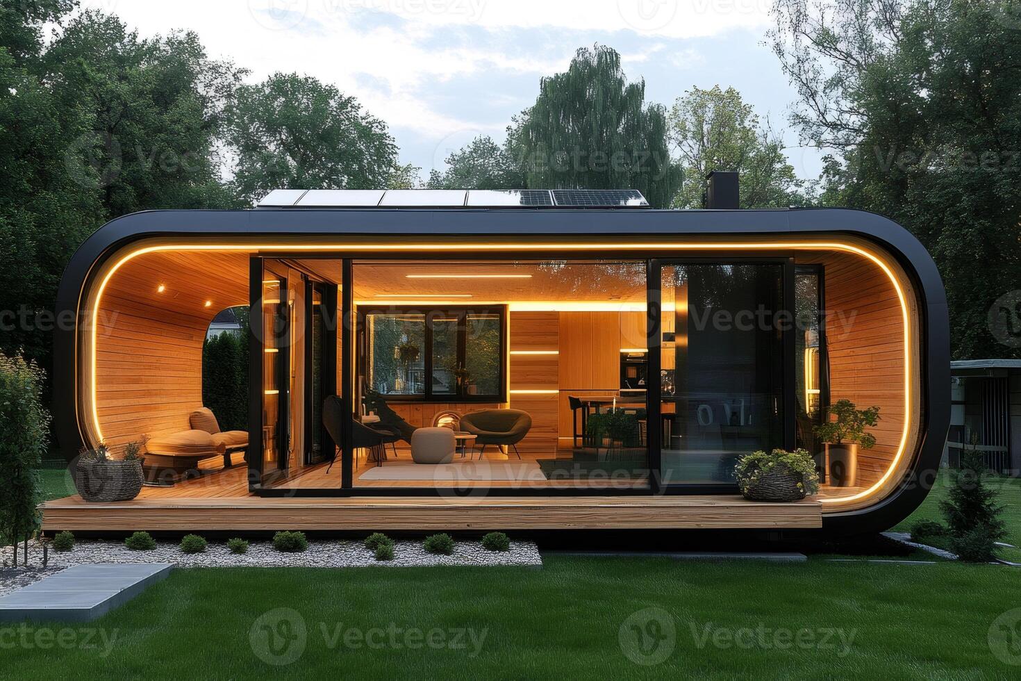 Modern Tiny Home with Futuristic Design and Lighting photo