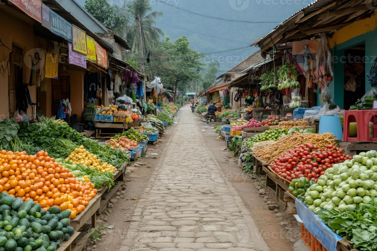 Colorful fruit and vegetable market filling a narrow street in a rural village photo