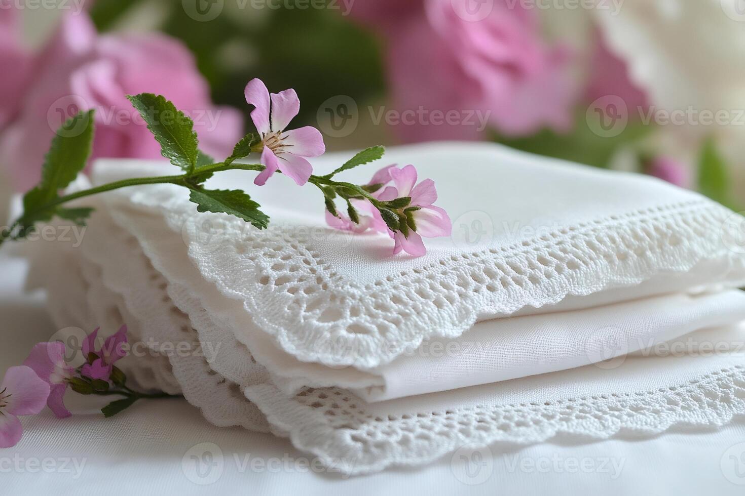 Delicate Pink Flowers Resting on Lace-Trimmed Linens photo
