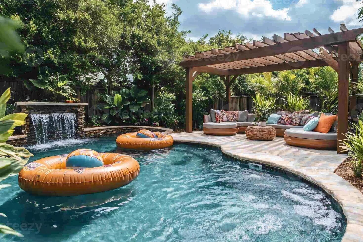 Luxurious backyard swimming pool with waterfall and pergola creating relaxing summer vibes photo