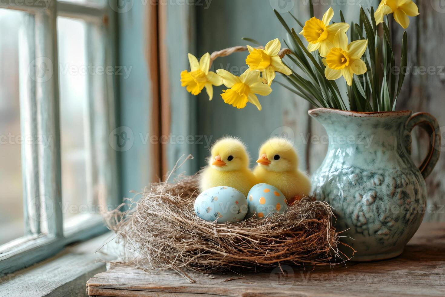 Two cute chicks sitting in nest with easter eggs and daffodils in rustic window photo