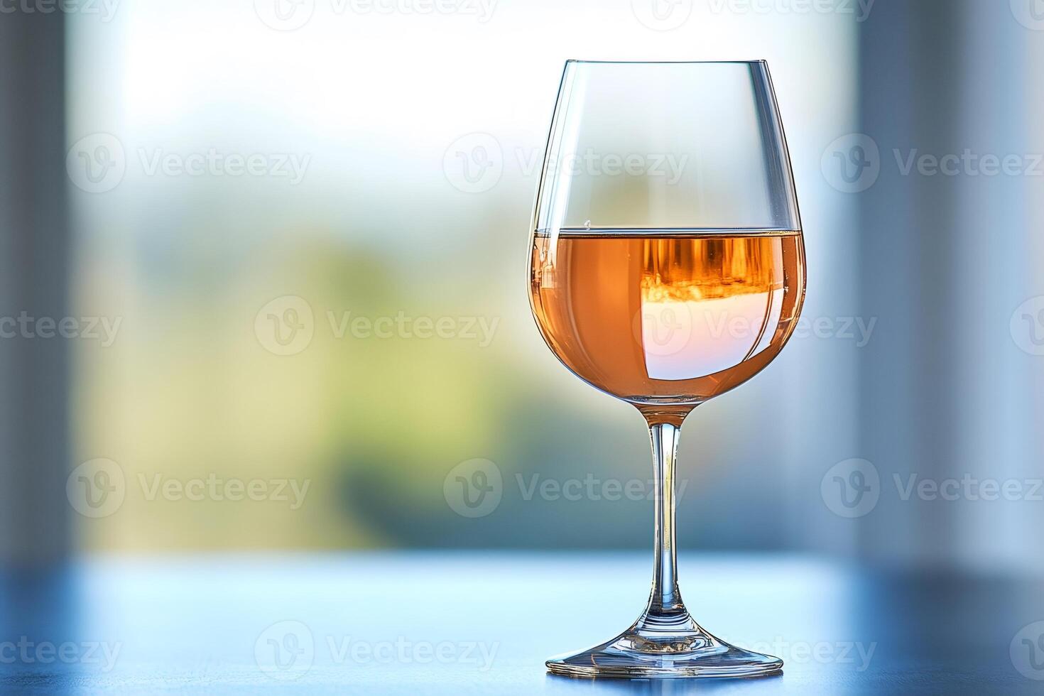 Glass of wine reflecting sunset light on a table by the window photo