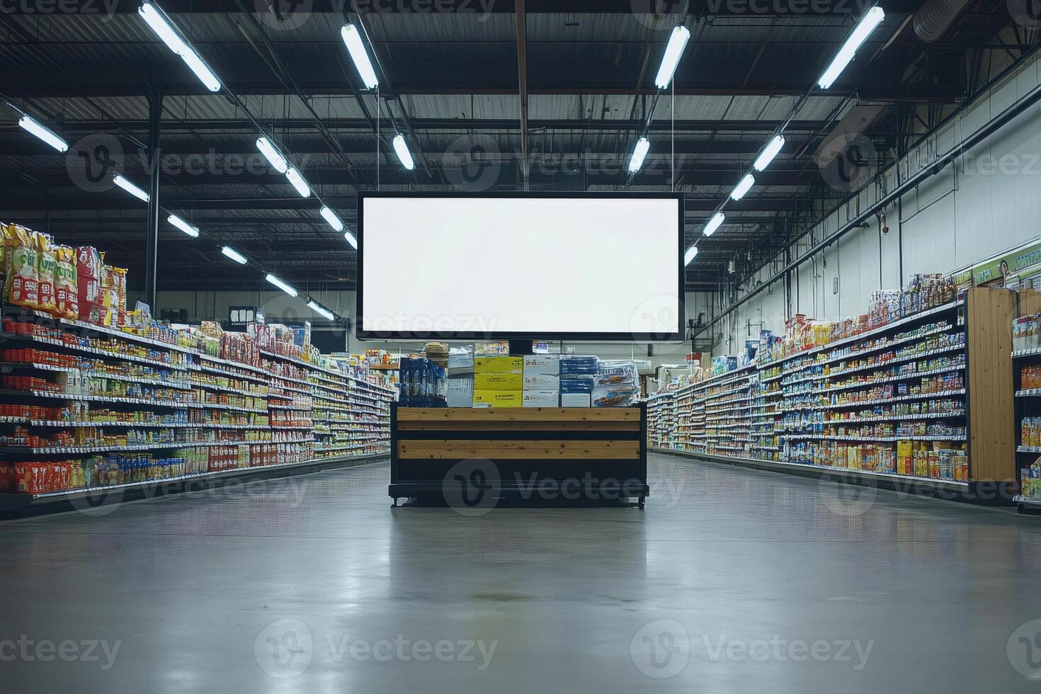 Blank advertising billboard screen showing information in grocery store promoting goods photo