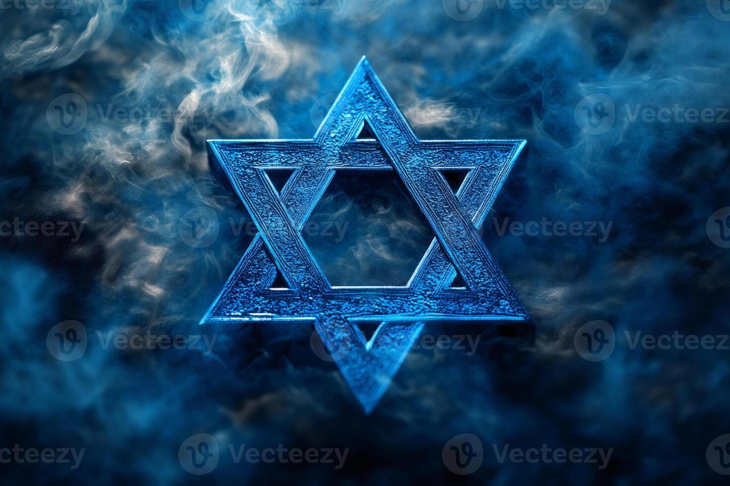 Blue Star of David glowing in smoke on dark background photo