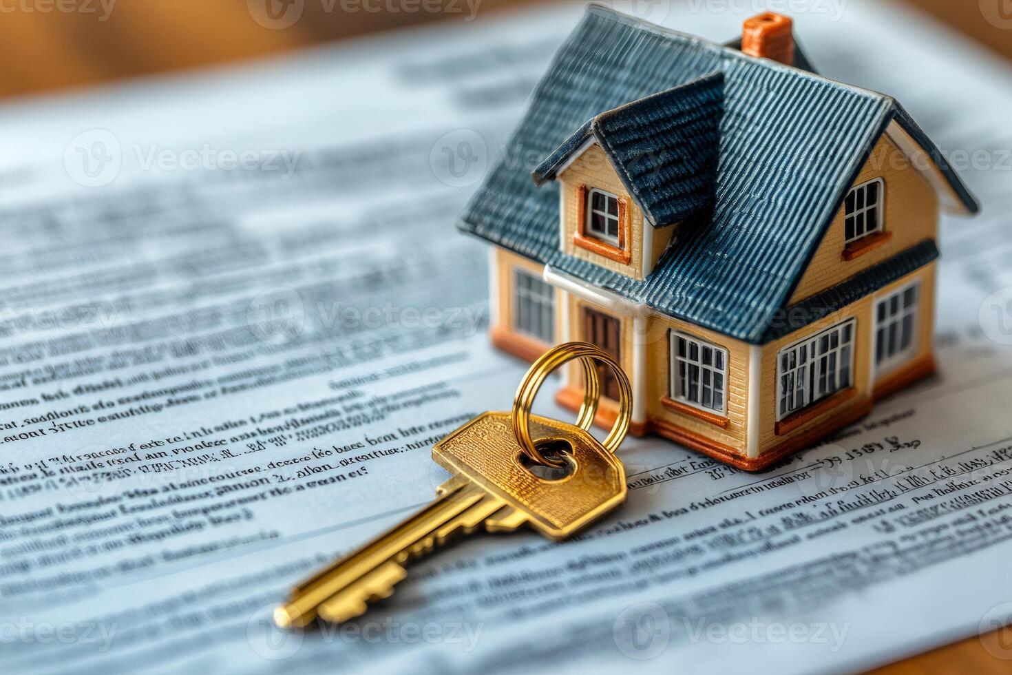 Golden key and miniature house resting on a mortgage contract photo