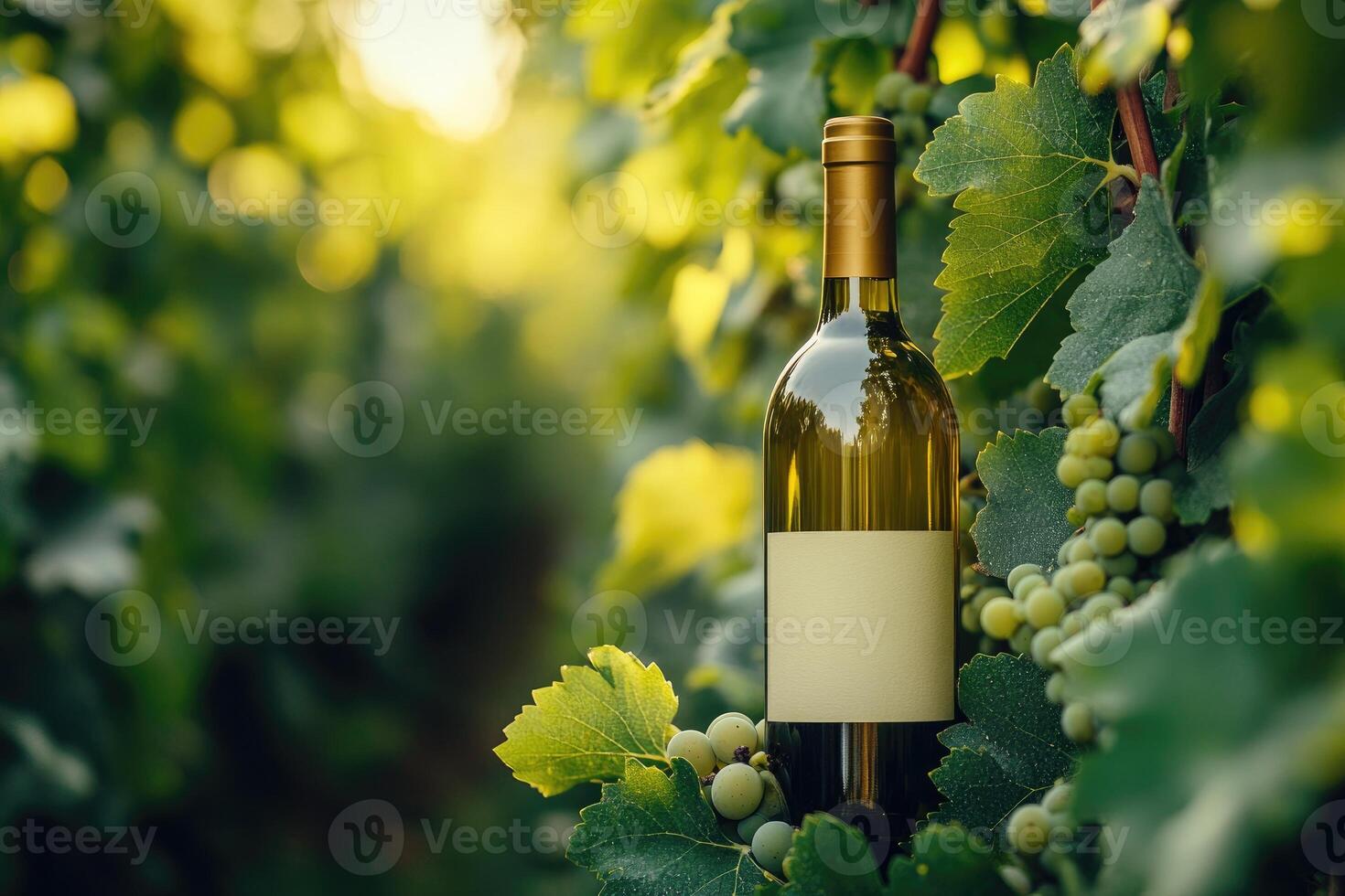 Bottle of white wine resting on grapevine in vineyard at sunset photo