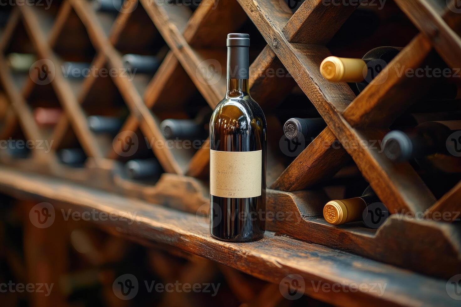 Wine bottle standing on wooden shelf with wine rack in background photo