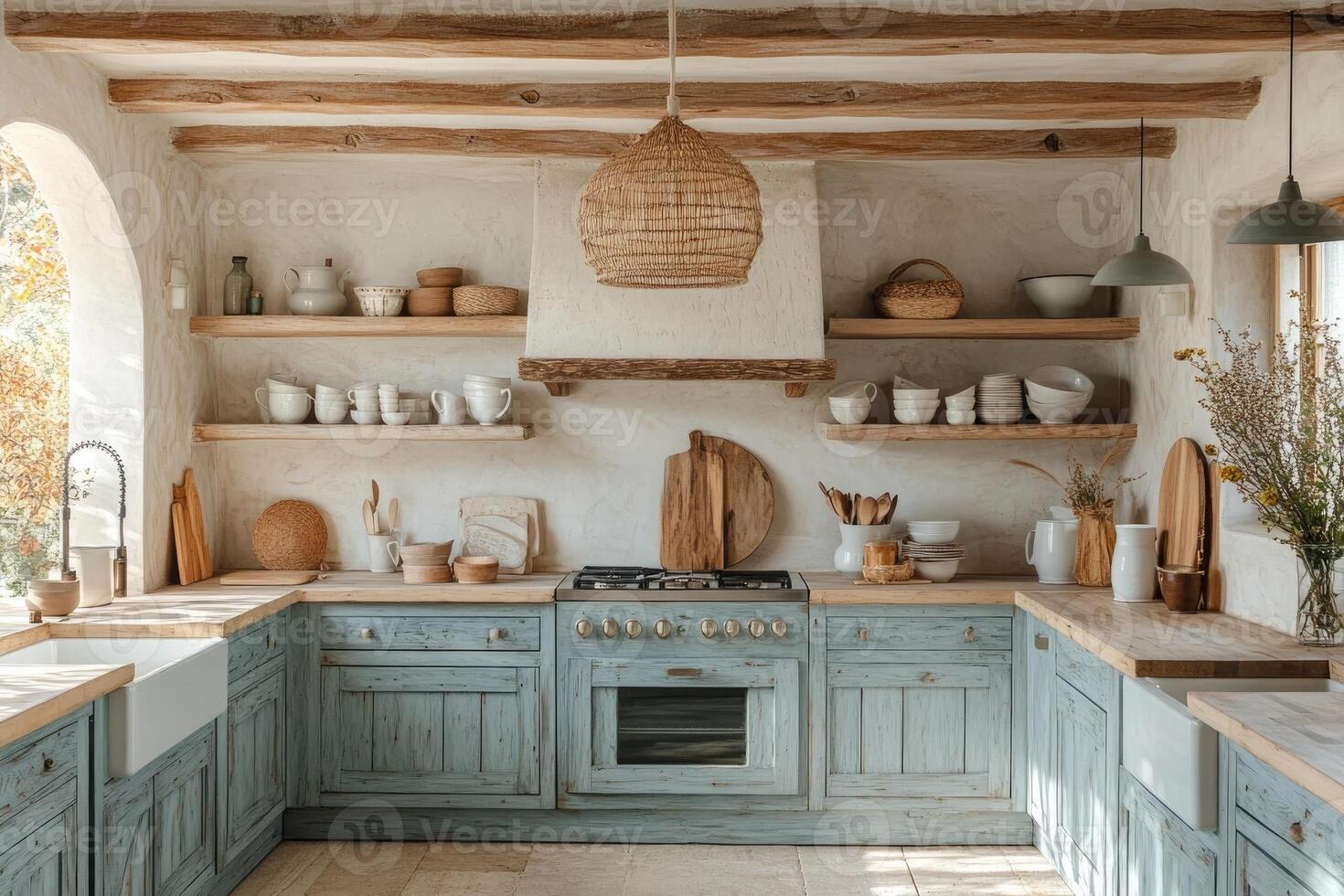 Cozy rustic kitchen showing wooden shelves and pastel blue cabinets. photo