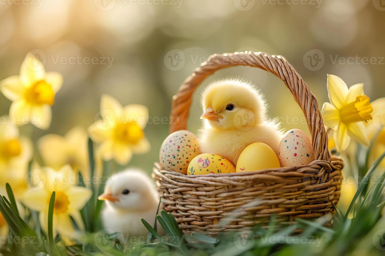 Cute chick sitting in easter basket with colorful eggs and daffodils photo
