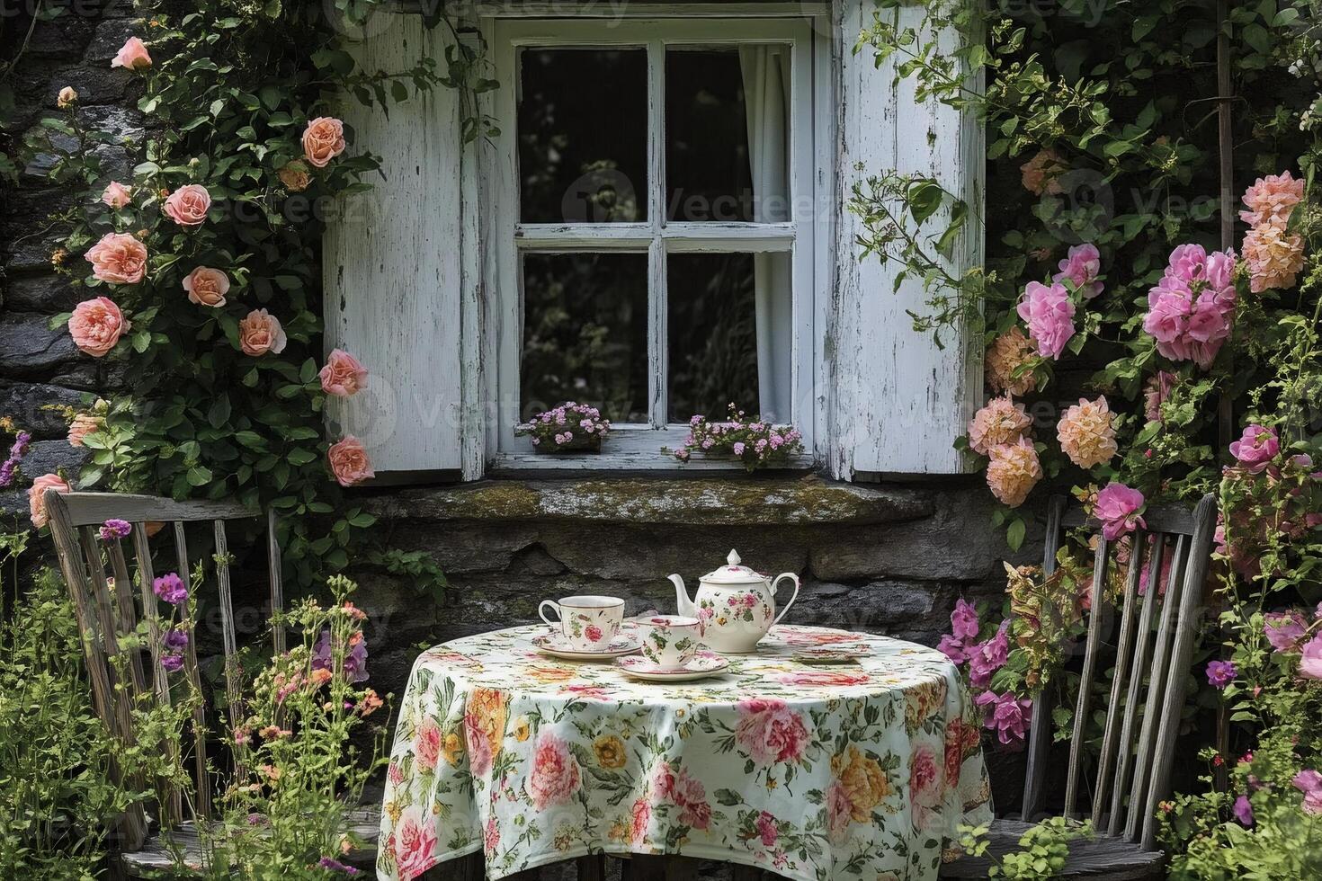 Teacups and teapot standing on table with floral tablecloth in front of cottage window surrounded by roses photo