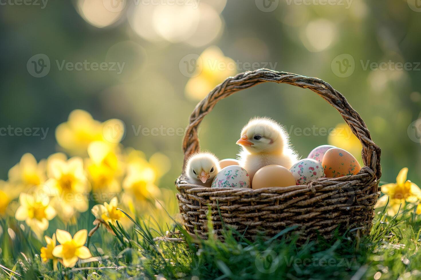 Two baby chicks sitting in easter basket with decorated eggs and daffodils in background during sunset photo