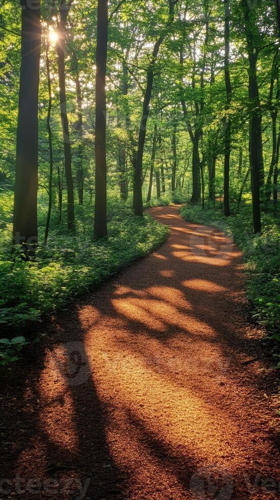 Sun shining through trees on winding forest path photo