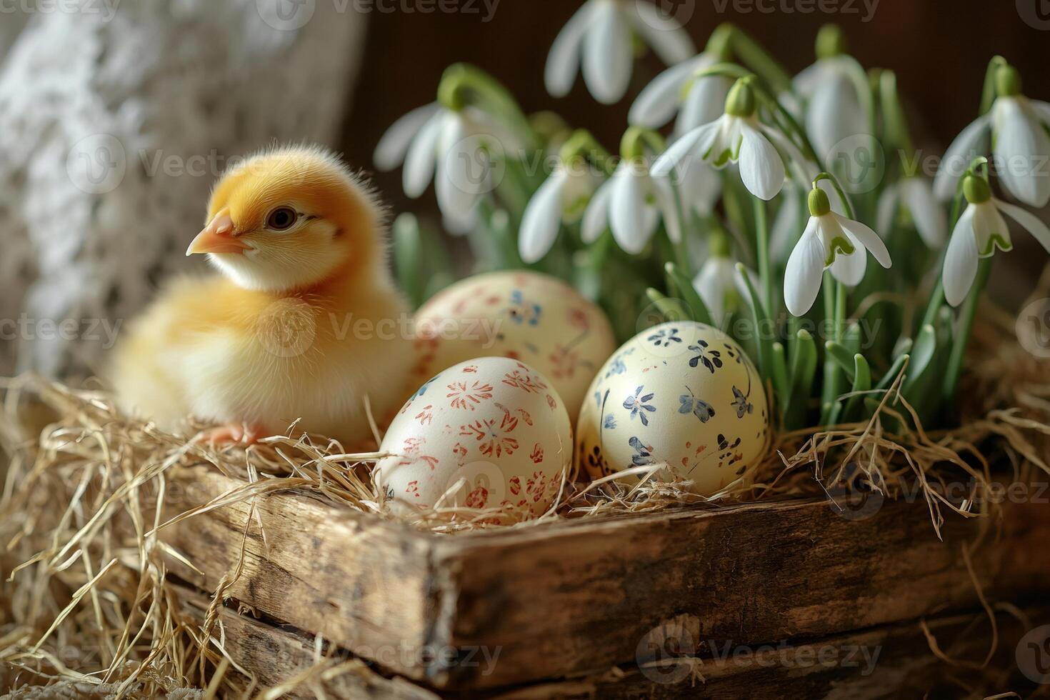 Little chick sitting in wooden box with easter eggs and snowdrops photo