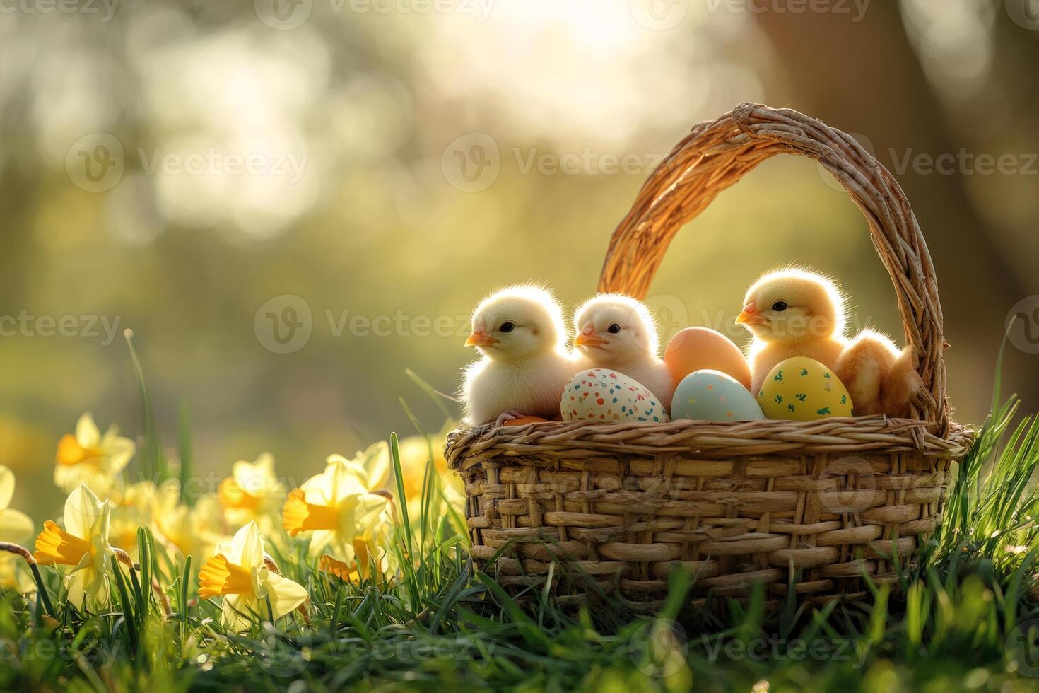 Cute chicks sitting in basket with easter eggs surrounded by daffodils in spring photo