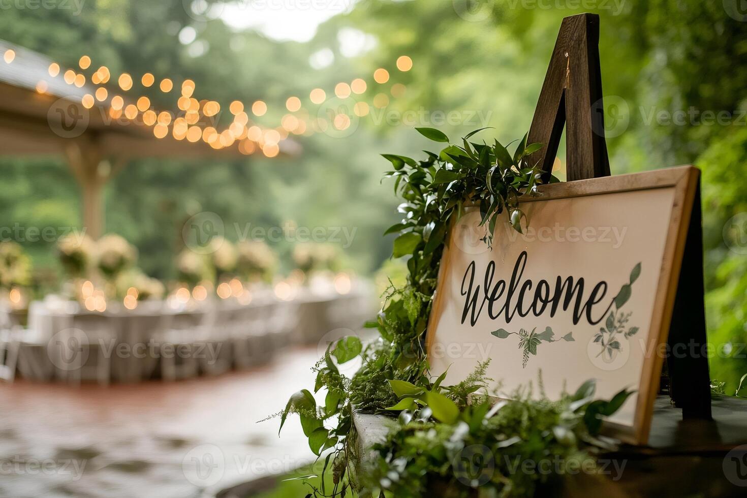 Welcome sign displayed at an outdoor wedding reception venue, featuring string lights and greenery photo