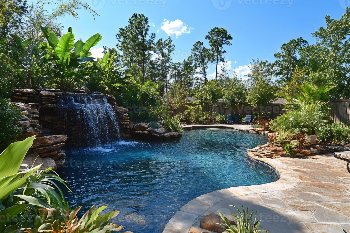 Backyard swimming pool with waterfall cascading into crystal clear water, featuring lush tropical landscaping photo