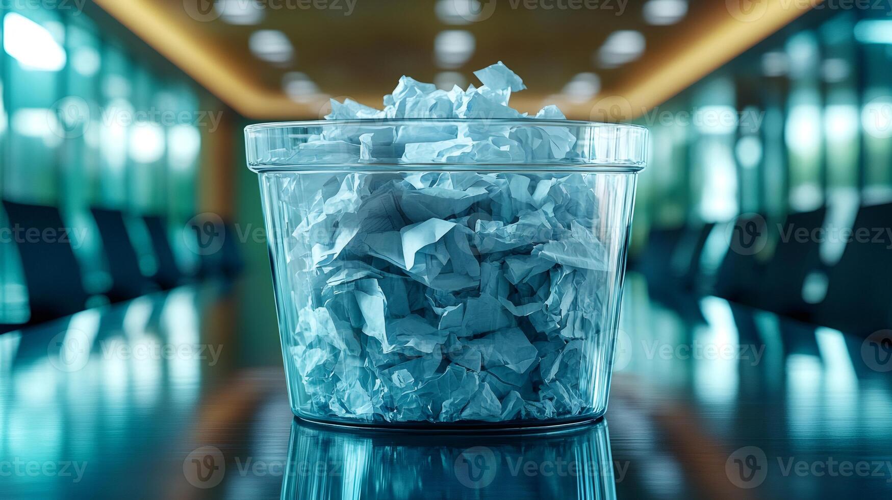 Glass container full of crumpled paper on meeting room table symbolizing bad ideas photo