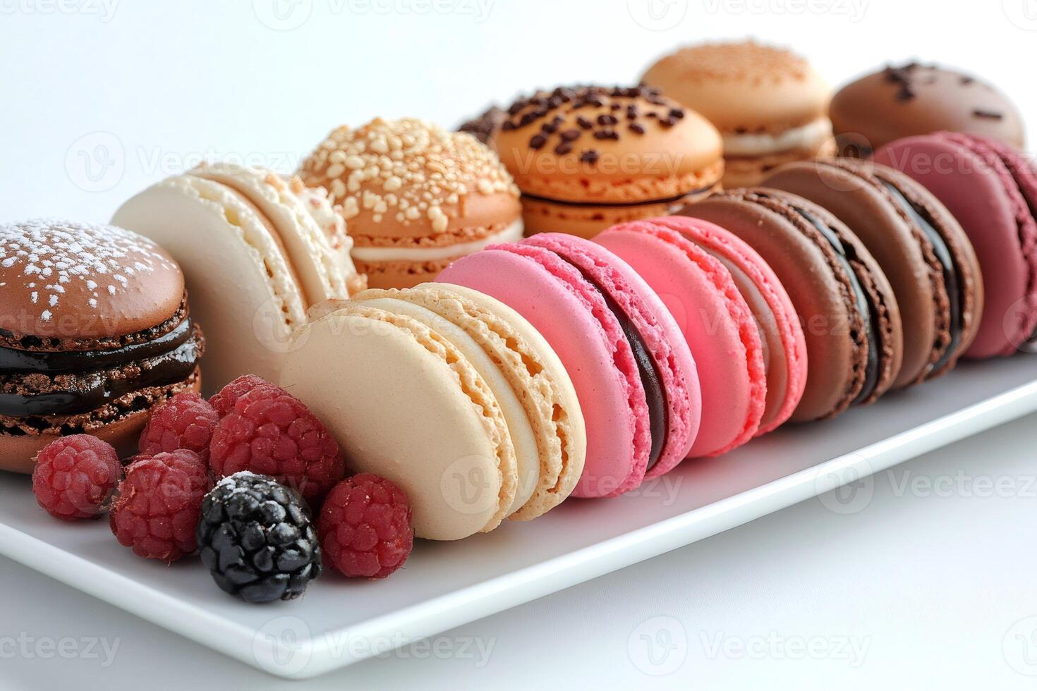 Colorful macarons resting on white plate with raspberries and blackberries photo