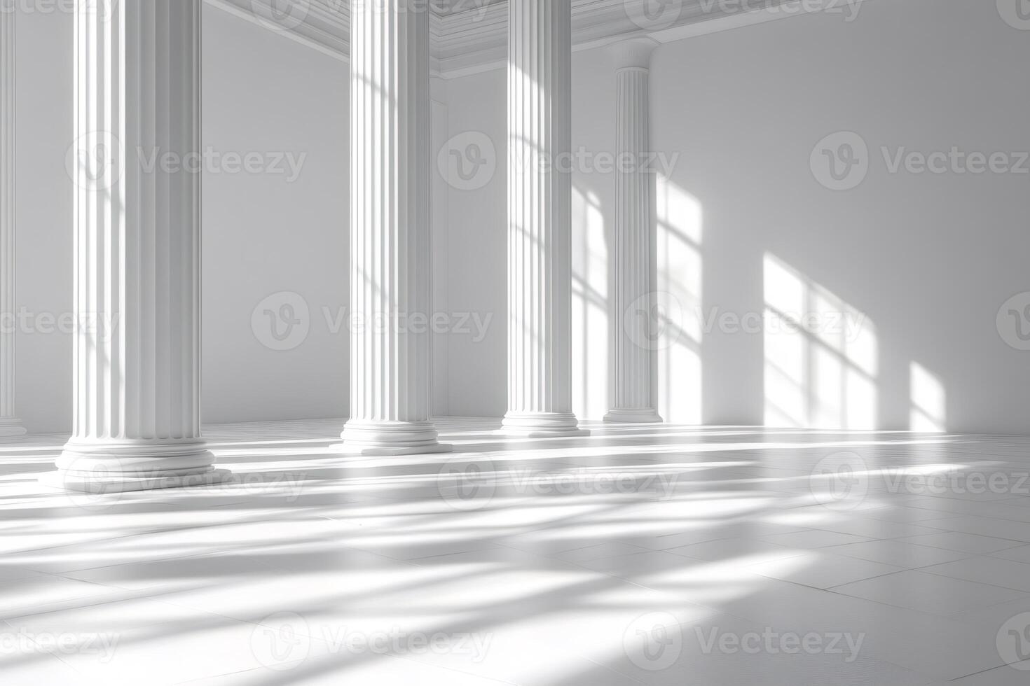 Sunlight illuminating white columns in a bright empty hall photo