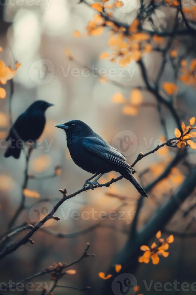 Two blackbirds perching on a tree branch with yellow autumn leaves photo