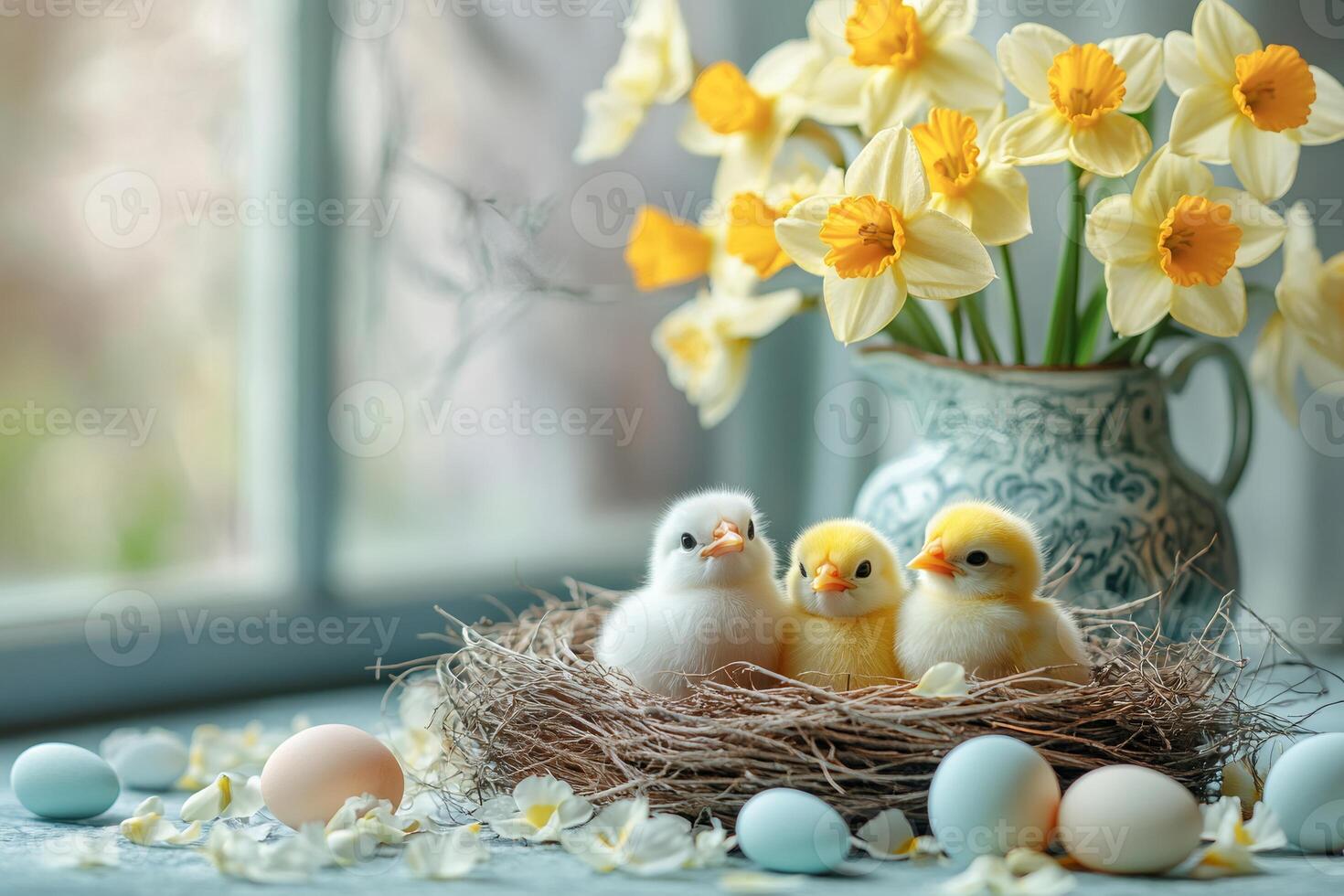 Cute baby chicks sitting in nest with easter eggs and daffodils in background photo