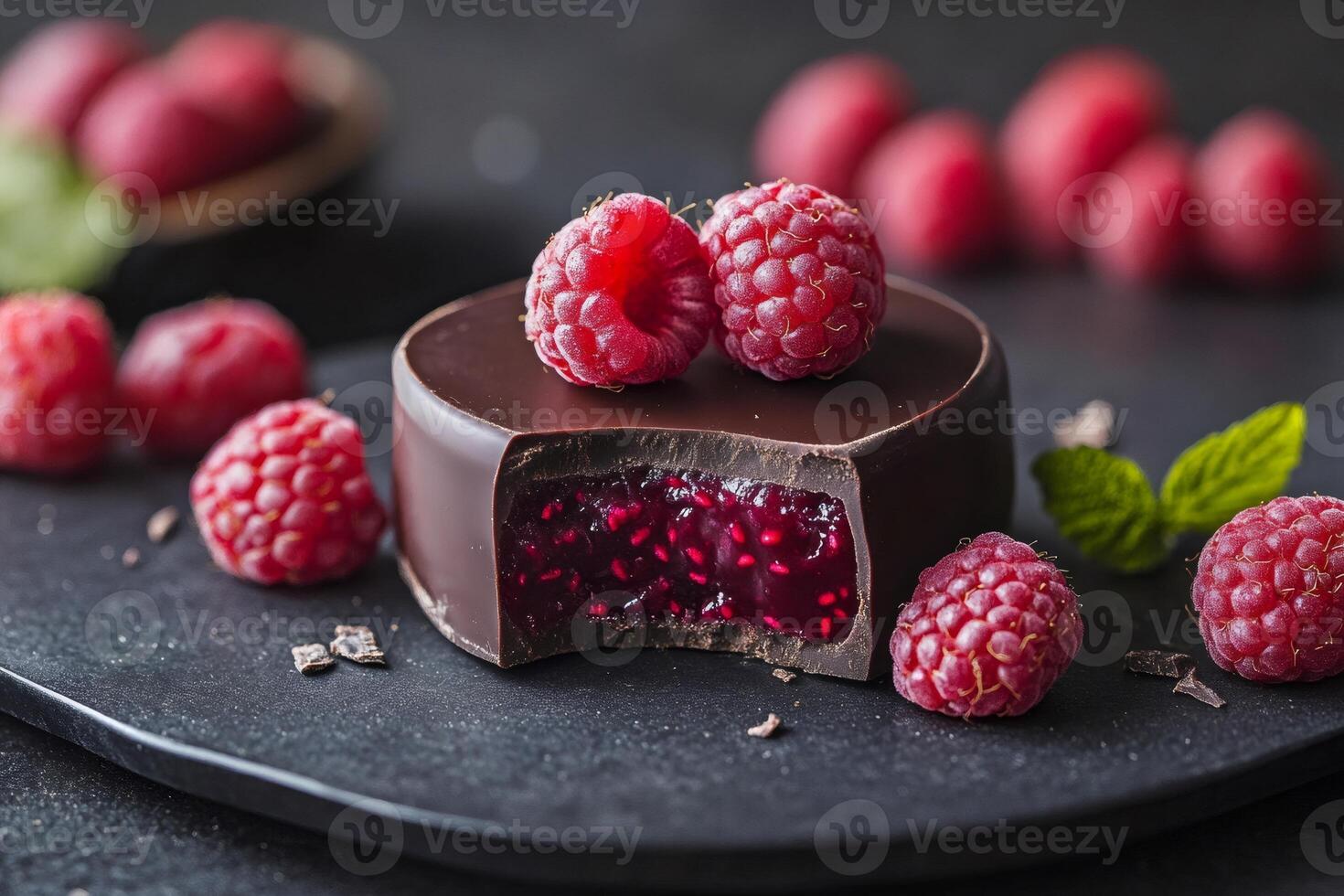 Gourmet dark chocolate bonbon filled with raspberry jelly and decorated with fresh raspberries photo