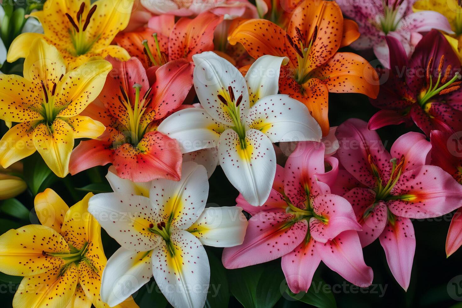 Colorful lilies blooming, creating a vibrant floral arrangement photo