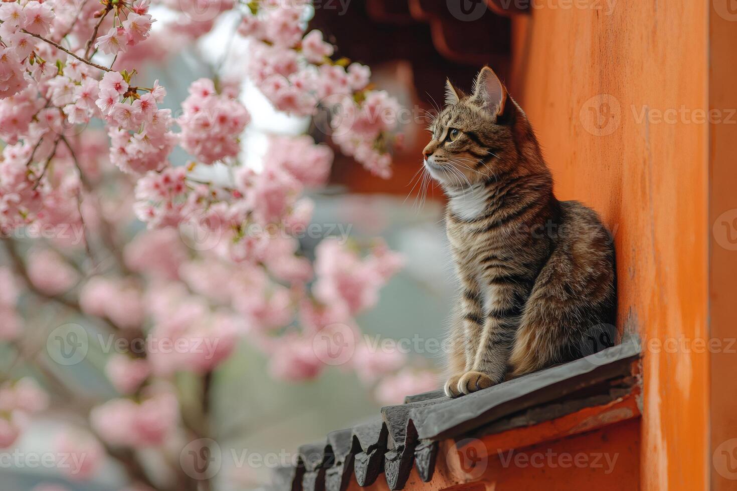 Cute tabby cat relaxing near pink cherry blossoms in spring photo