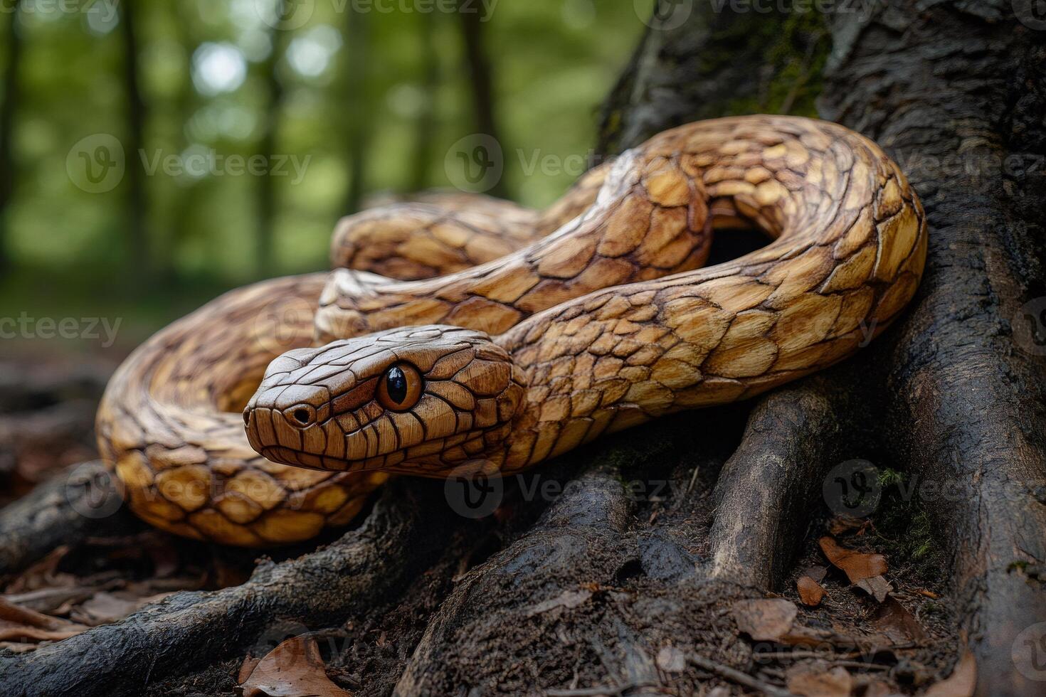 Intricately Carved Wooden Snake Resting on Tree Roots photo