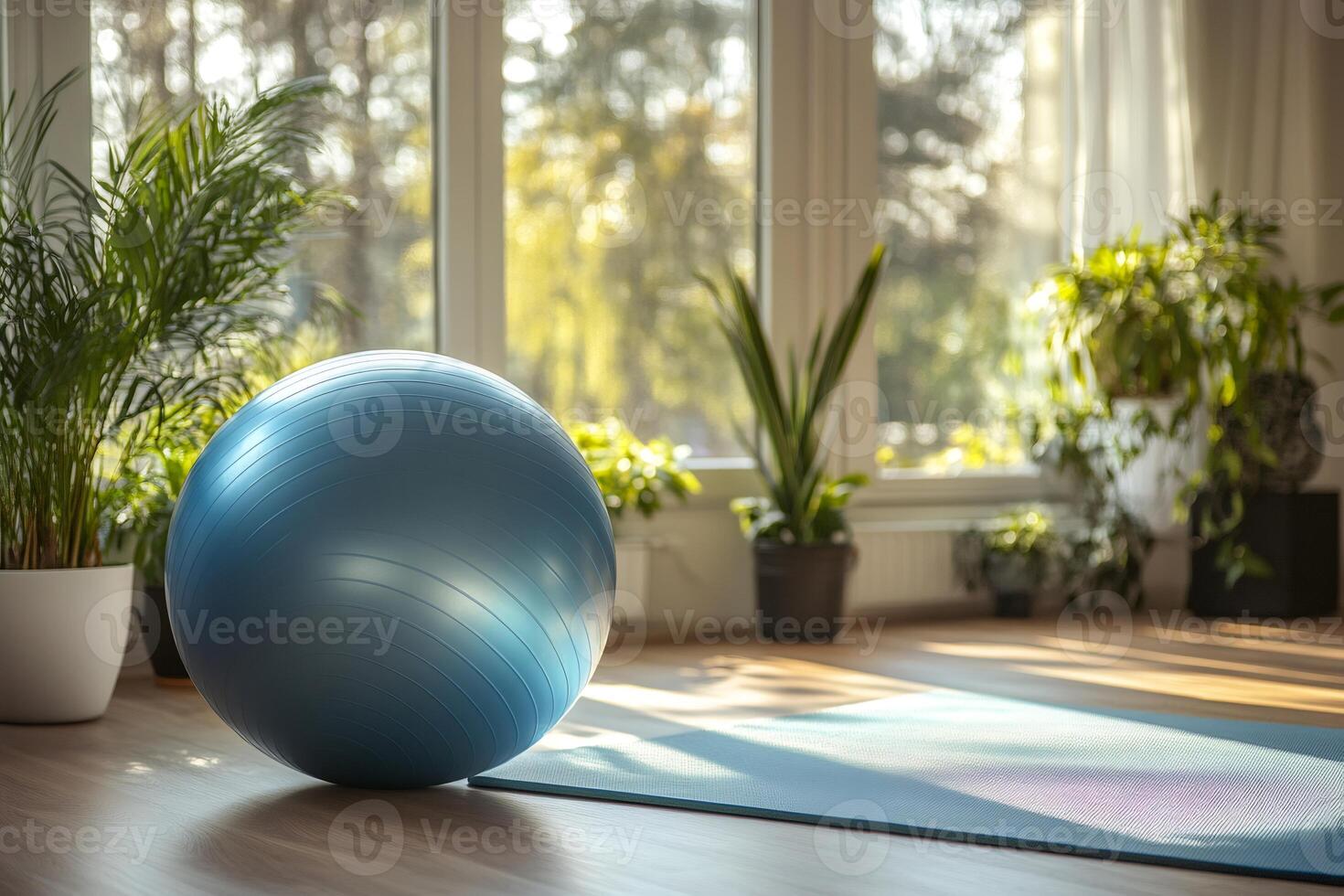Fitness ball and yoga mat are ready for home workout in a room full of plants photo