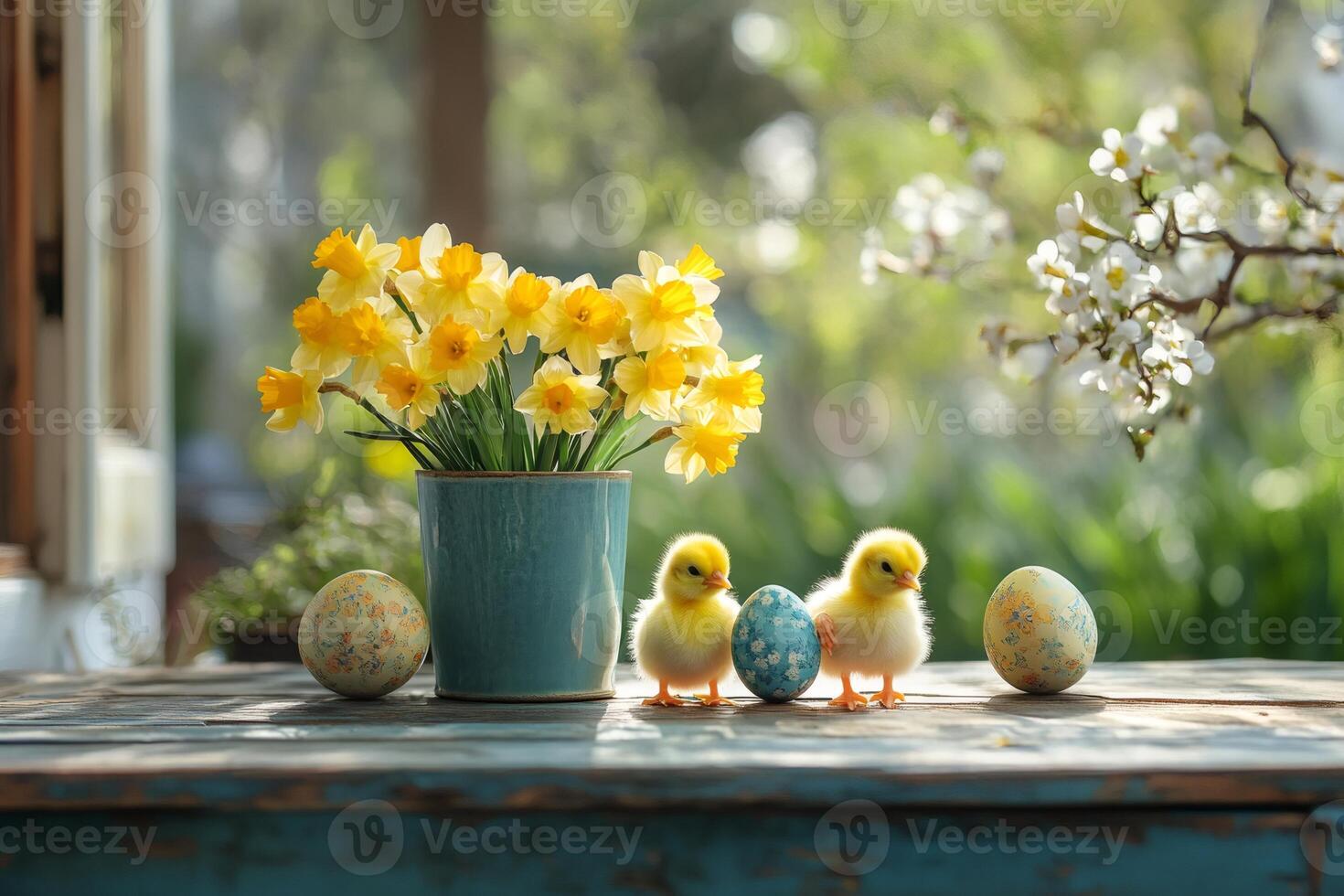 Charming Spring Scene with Ducklings and Daffodils photo