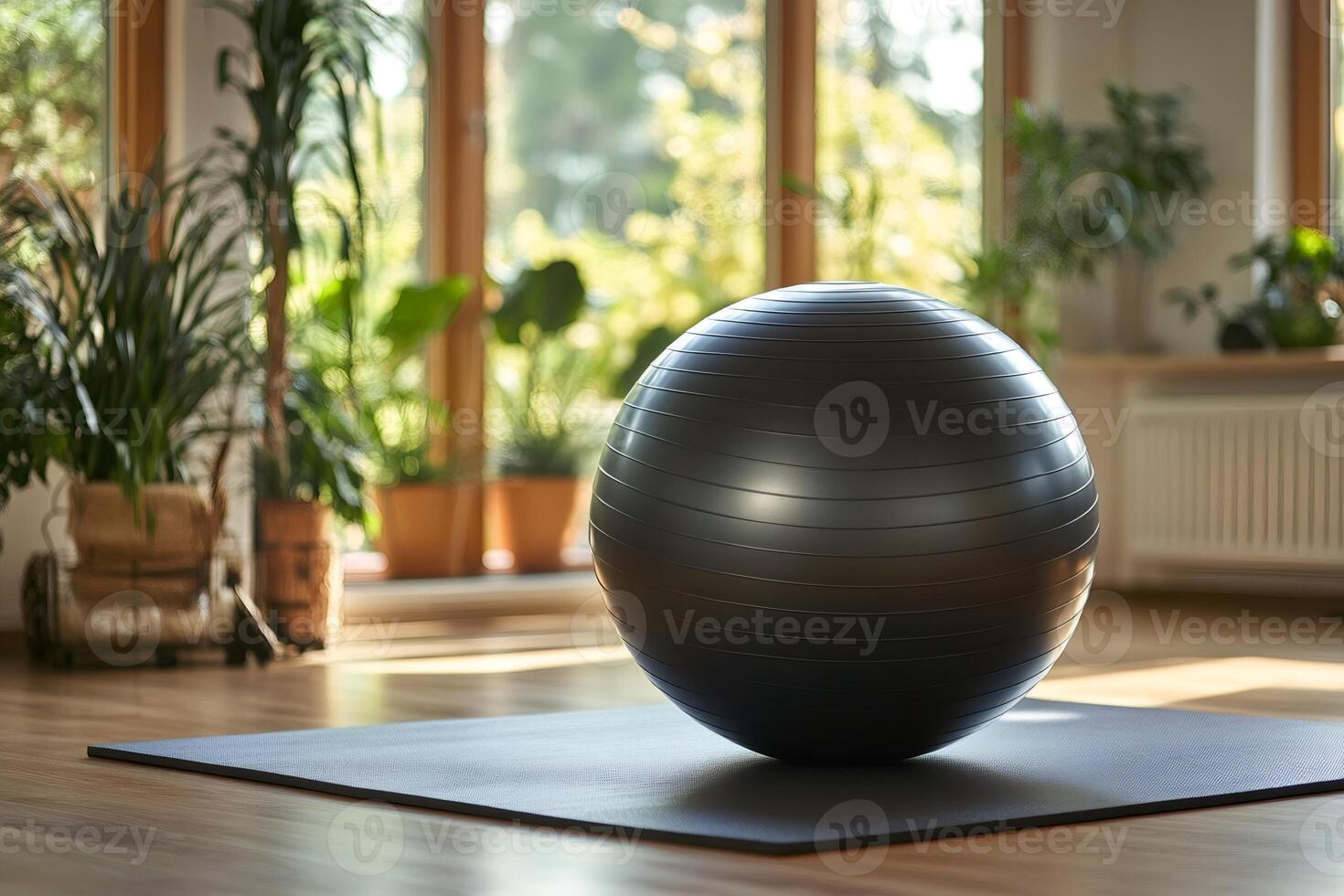 Black fitness ball standing on yoga mat in home gym with plants and natural light illuminating relaxing space photo
