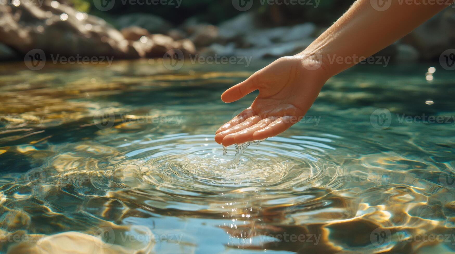 Woman touching fresh water in a mountain river during summer photo