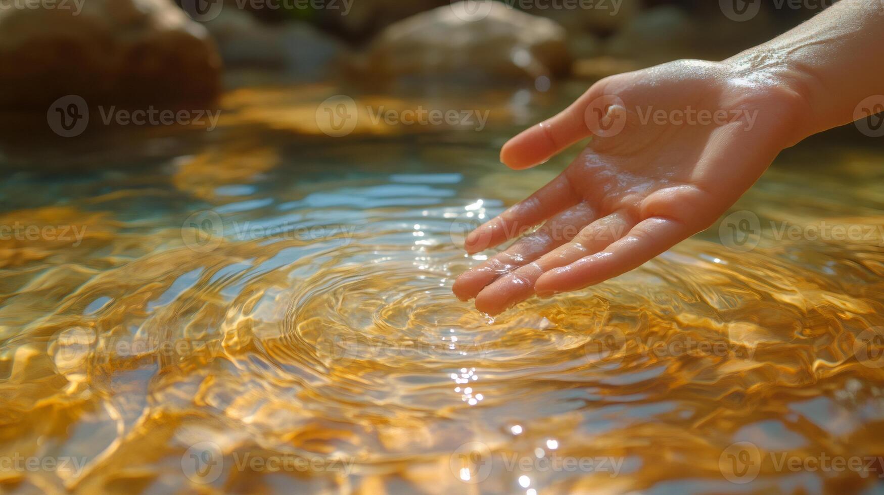 Woman gently touching golden thermal water surface creating ripples photo