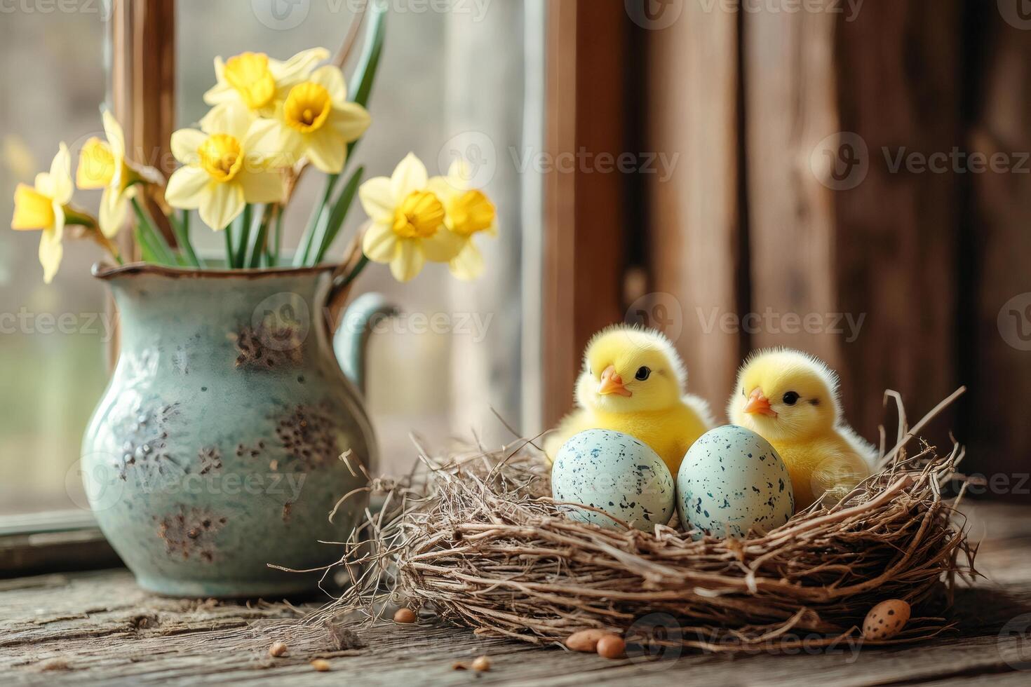 Two newborn chicks sitting in nest with easter eggs and daffodils in window photo