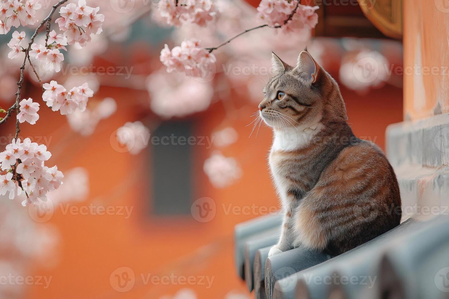 Cat sitting on a roof is enjoying cherry blossoms in Japan photo