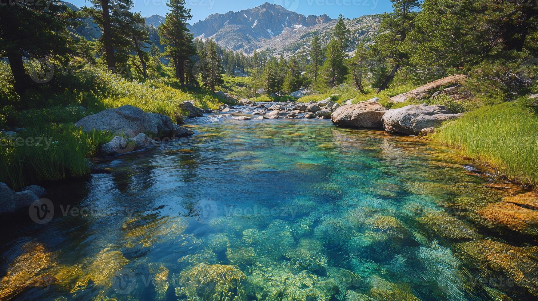 Crystal clear water flowing in a mountain creek surrounded by lush vegetation photo