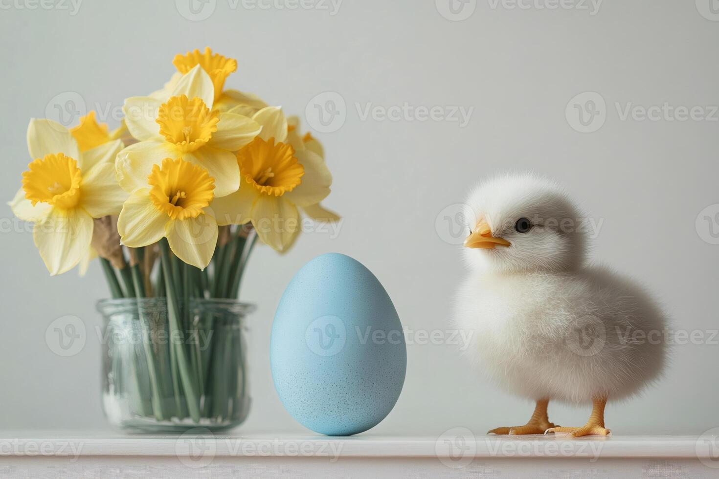 Cute chick standing next to blue easter egg and yellow daffodils photo