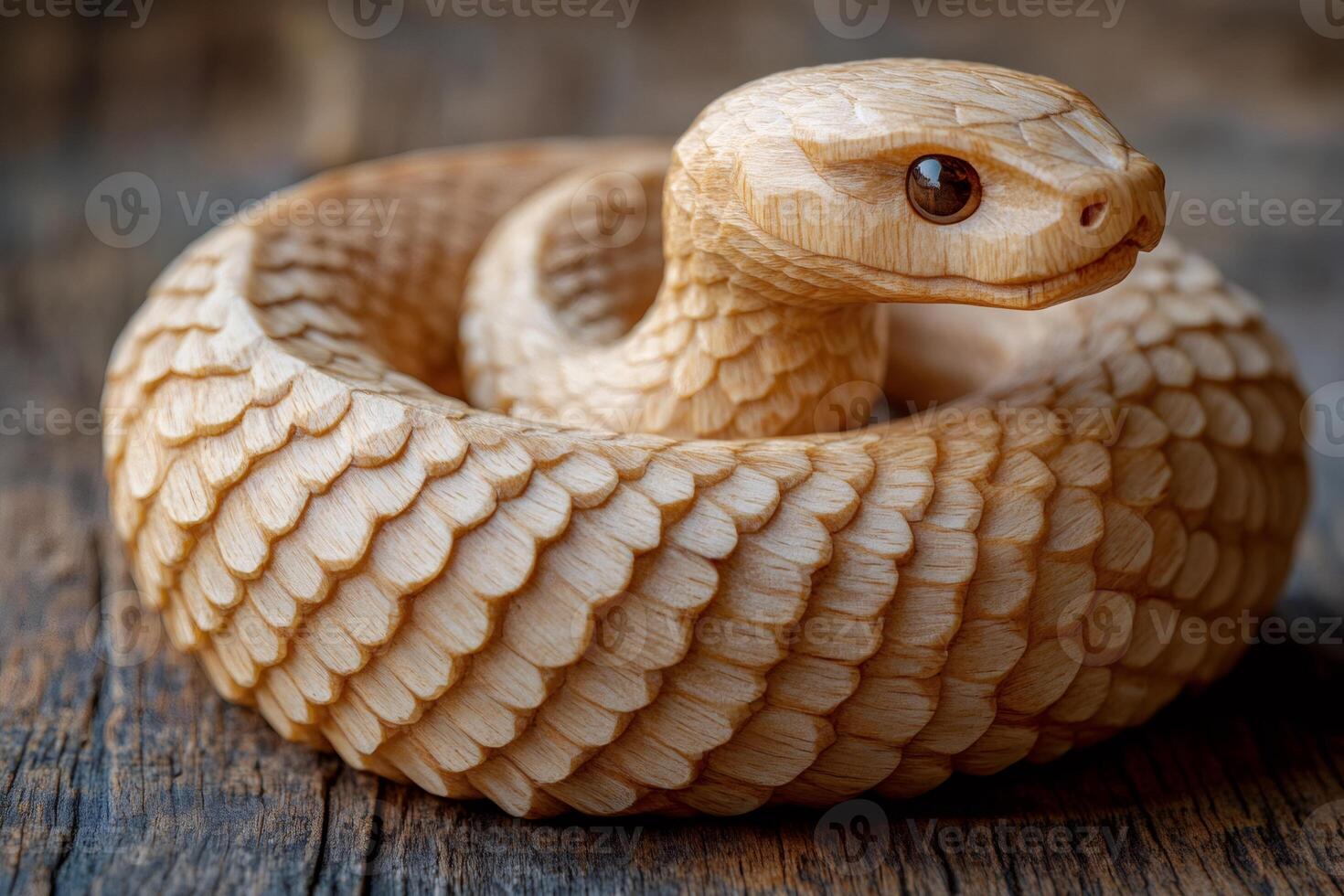 Intricate Wooden Snake Sculpture on Rustic Surface photo