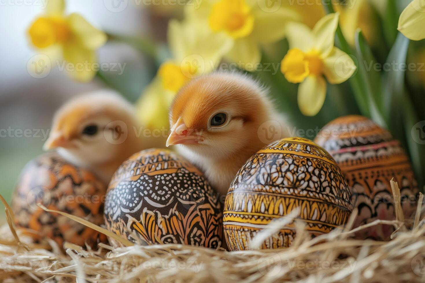 Baby chicks exploring easter eggs and daffodils in a nest photo