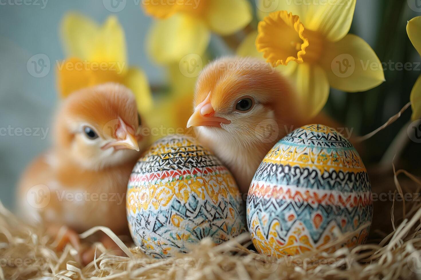 Two baby chicks and easter eggs are surrounded by daffodils photo