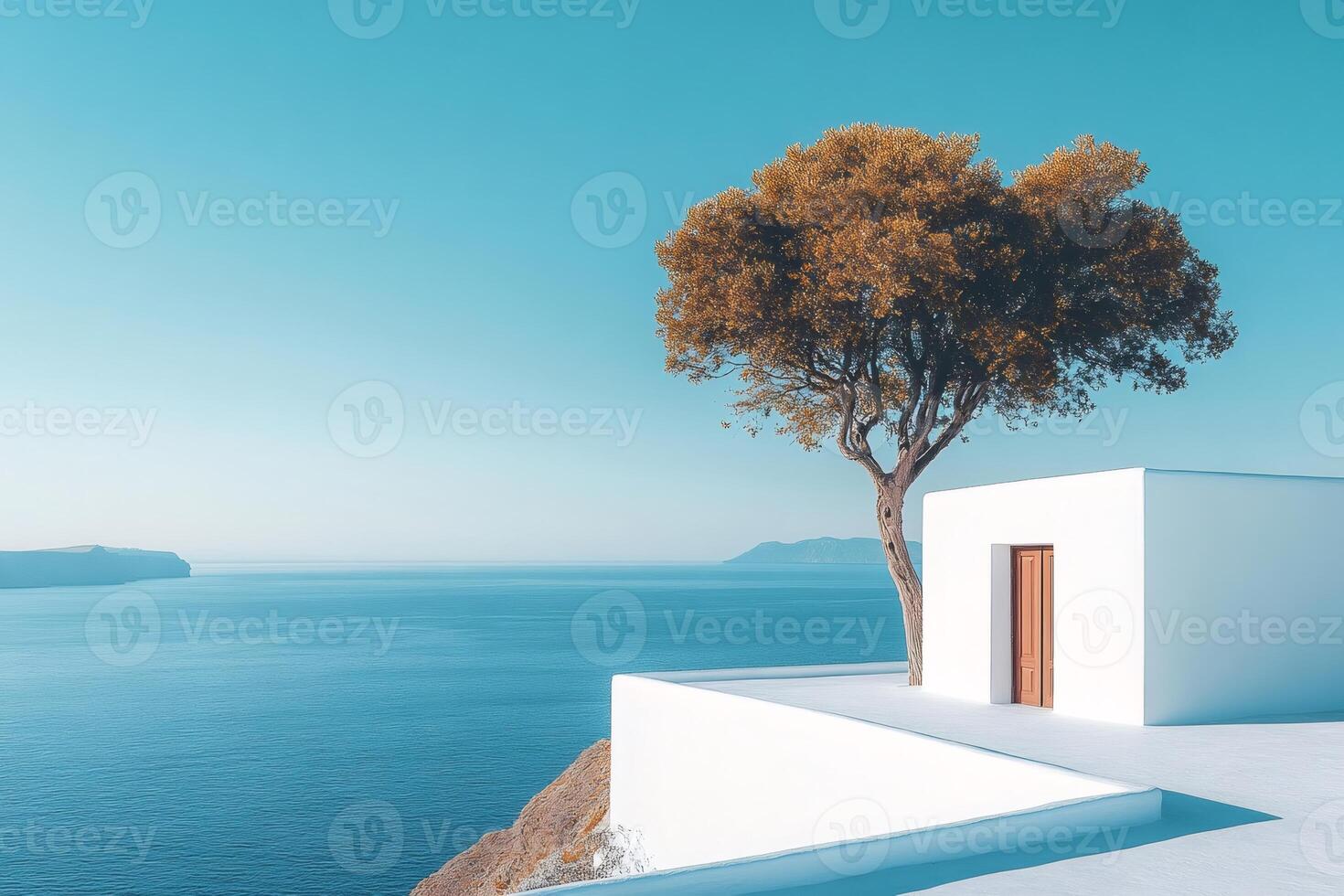 Lonely tree growing near white house overlooking Santorini caldera photo