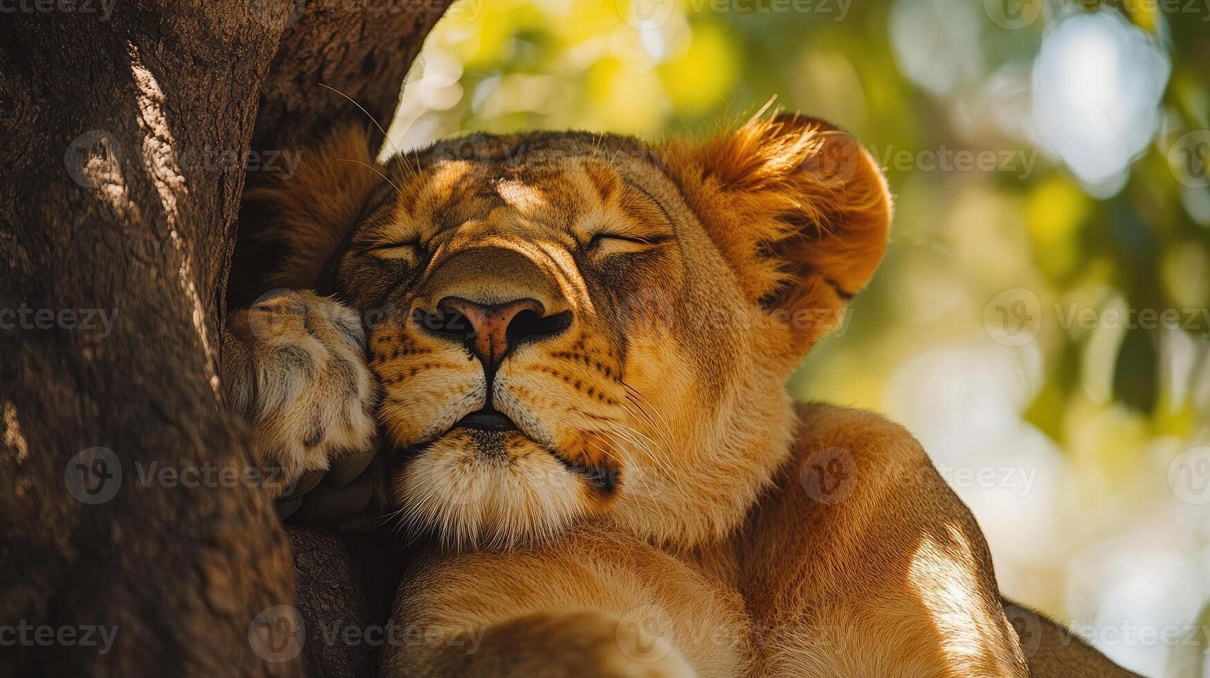 Lioness sleeping peacefully on a tree in warm sunlight photo
