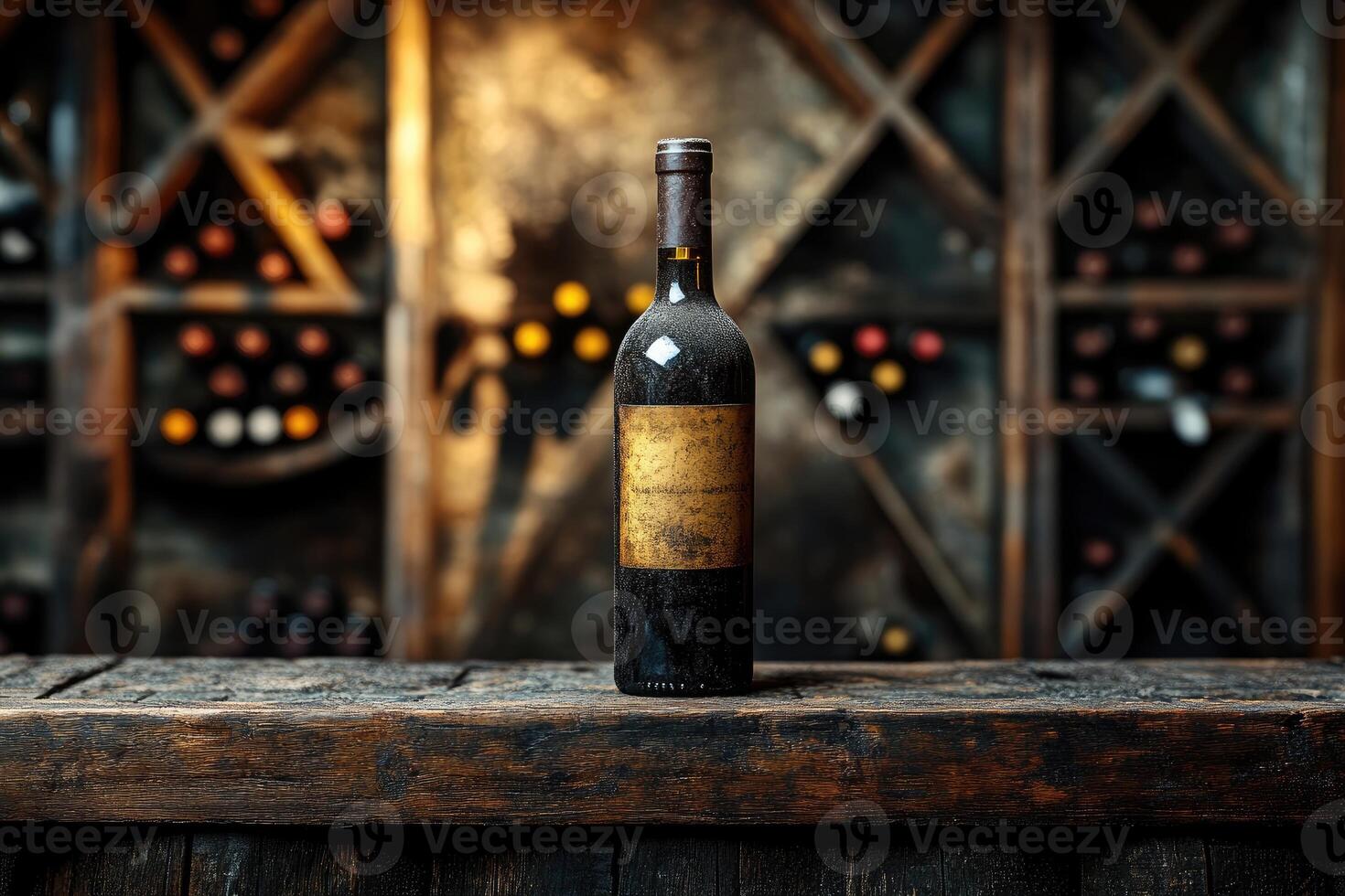 Dusty wine bottle standing on wooden shelf in cellar photo