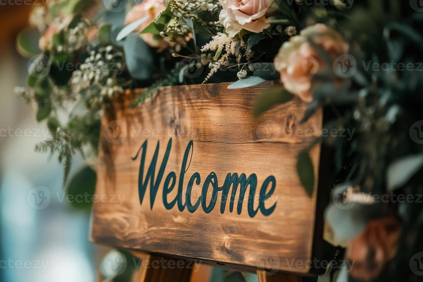 Wooden welcome sign decorated with flowers welcoming guests to wedding reception photo