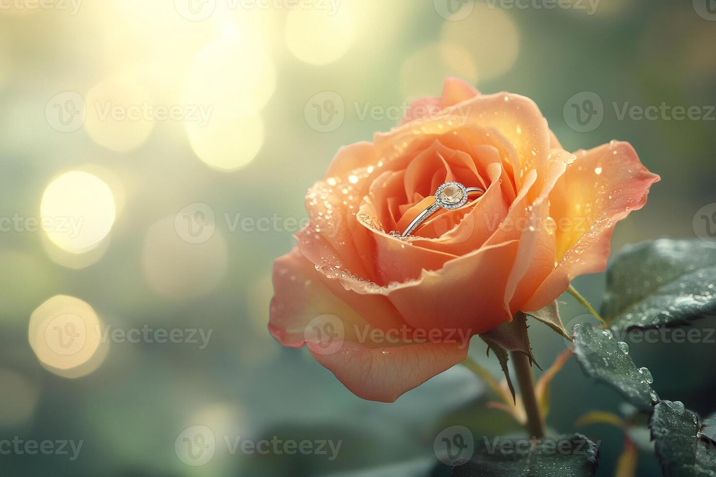 Diamond ring resting on a beautiful orange rose with bokeh effect photo